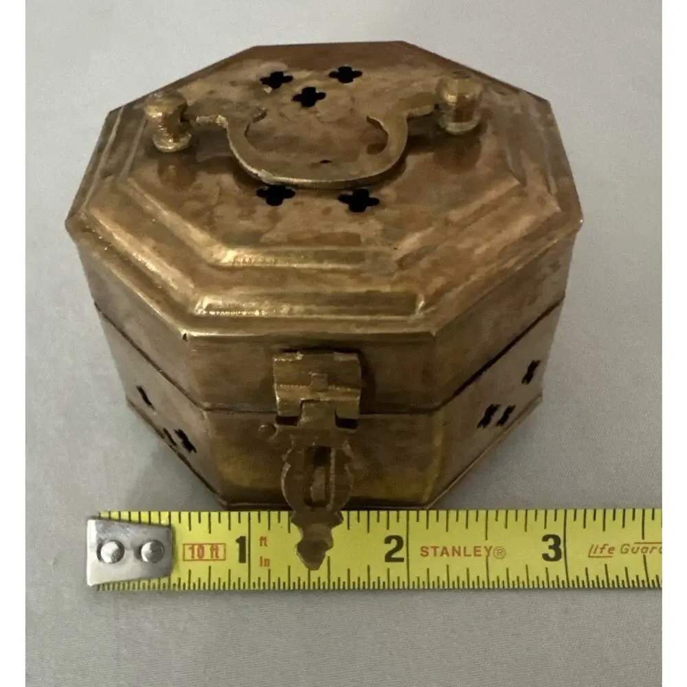 Vintage '70s Brass Trinket Incense Octagon Box~Hinged Lid & Latch Made in India